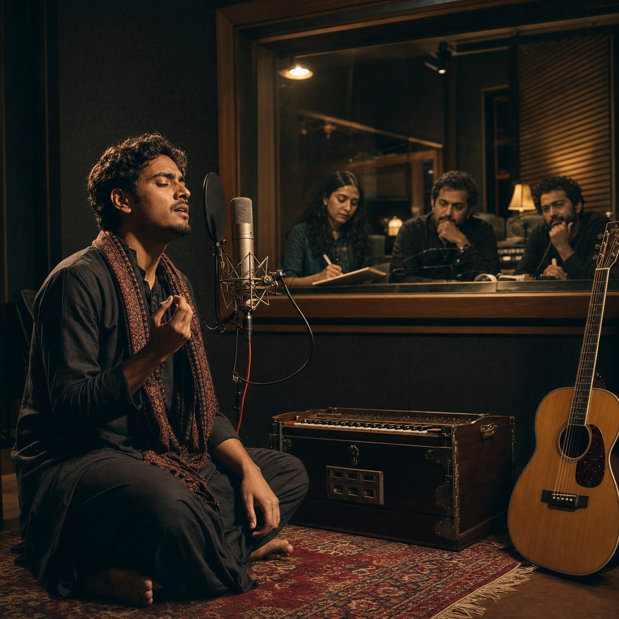 An emerging South Asian singer recording a vocal take